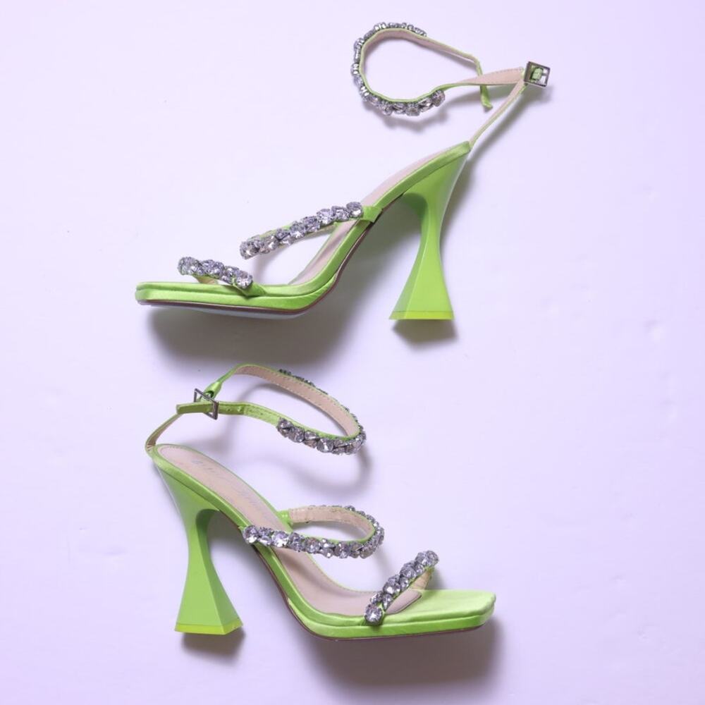 Betsey Johnson Rhinestone Satin Heels Lime Green Y2K Glam 8.5